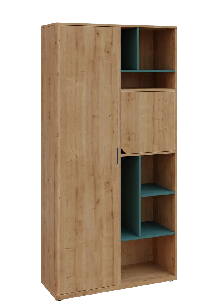 KSR6-83 L skříň šatní, 1x výsuvné ramínko, dvířka, niky, 2053x1022x400 mm, provedení levé, korpus a dvířka dub lite/police světle petrolejová